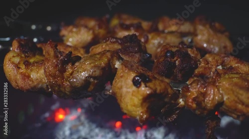 Wallpaper Mural Meat on grill. Cooking shish kebab on skewers. Cooking pork meat on hot charcoal. Closeup of traditional picnic dish. Grilling meat on wood coal. Torontodigital.ca