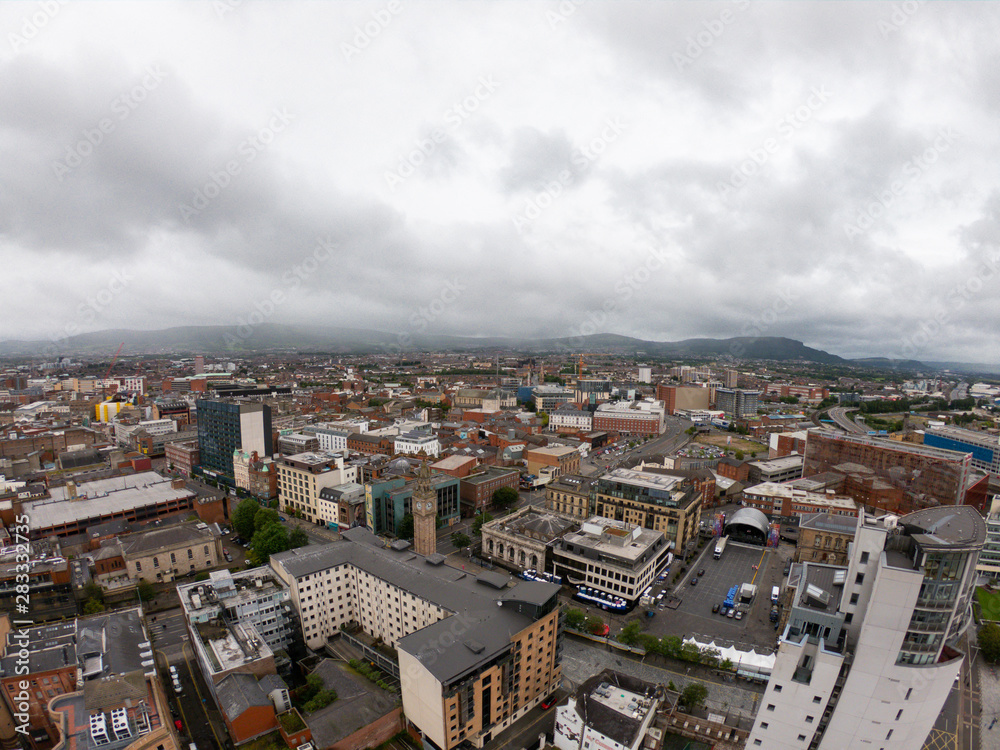 Belfast, Northern Ireland Aerial view of architecture and buildings. View on City from above 