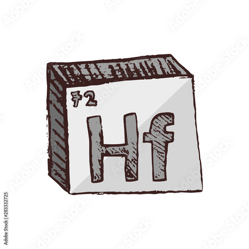 Vector three-dimensional hand drawn chemical silvery gray symbol of metal hafnium with an abbreviation Hf from the periodic table of the elements isolated on a white background.