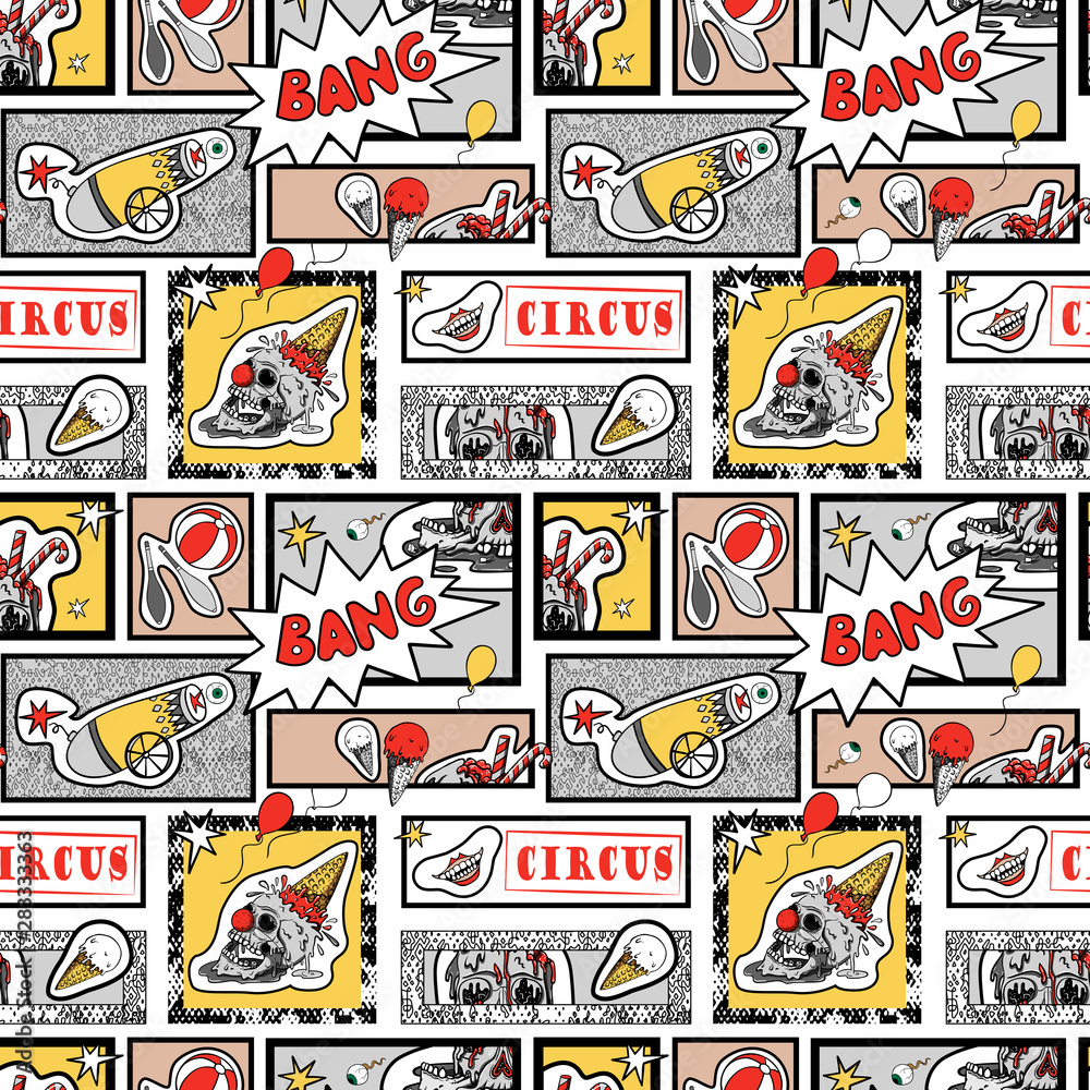 Fototapeta premium Vector seamless pattern in comic pop art style. Creepy circus elements, evil clown and human skull. Comic book..
