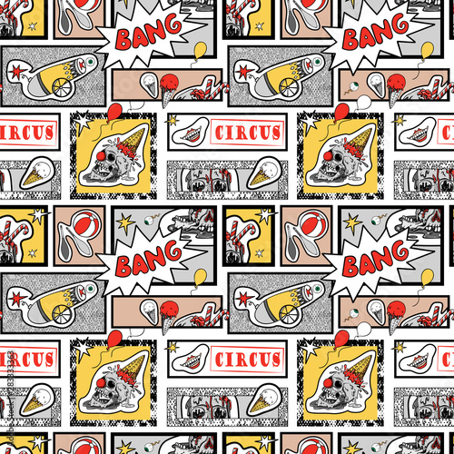 Vector seamless pattern in comic pop art style. Creepy circus elements, evil clown and human skull. Comic book..