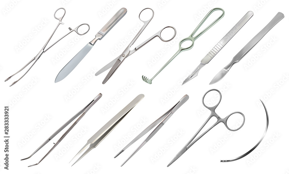 Set of surgical instruments. Different types of tweezers, scalpels, Liston s amputation knife, clip with fastener, straight scissors, Folkmann s jagged hook, Meyer s forceps, surgical needle. Vector