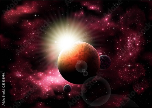 Dark Space planet vector Background. Sunrise in space