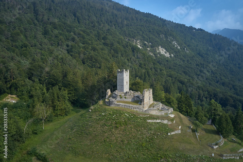 Panoramic view of Castel Restor region of Trento north of Italy. Castle ruins surrounded by nature in a quiet location. photo