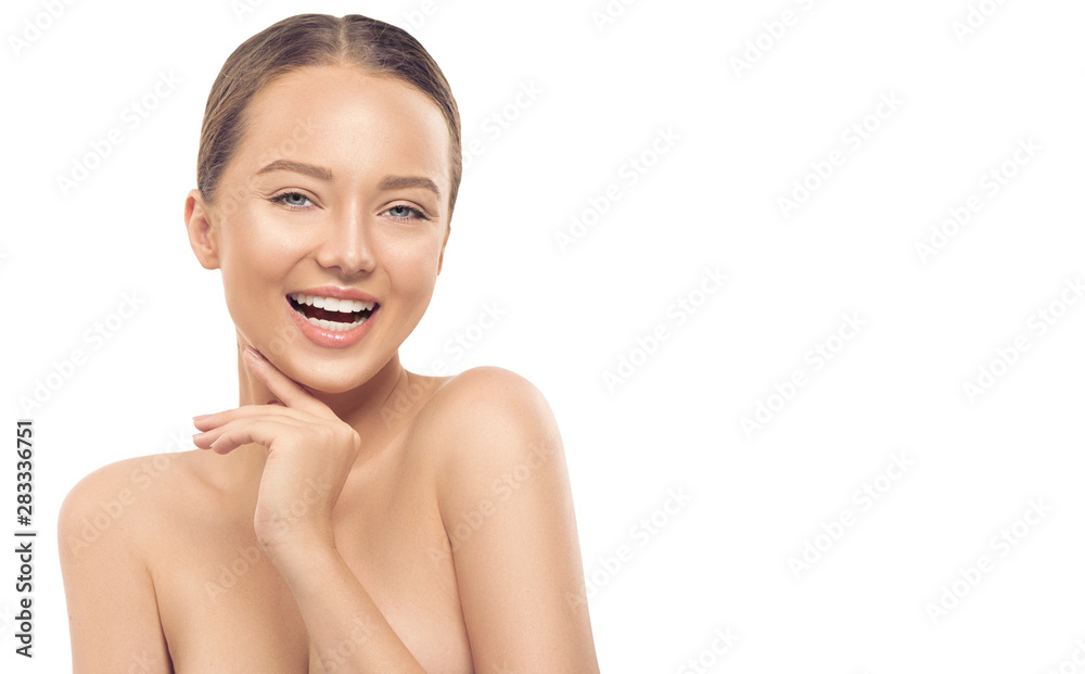 Portrait of beauty smiling young woman isolated on white. Beautiful spa girl with perfect fresh skin proposing a product. Cleansing, skincare concept Portrait of beauty smiling young woman isolated on white. Beautiful spa girl with perfect fresh skin proposing a product. Cleansing, skincare concept
