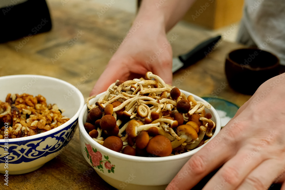 Mushrooms and walnuts, dish ingredients. Mushrooms and walnuts, dish ingredients.