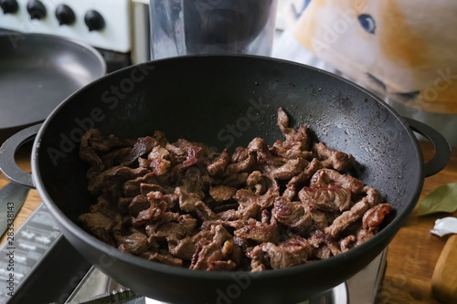 Roasted pork meat in a pan. pork