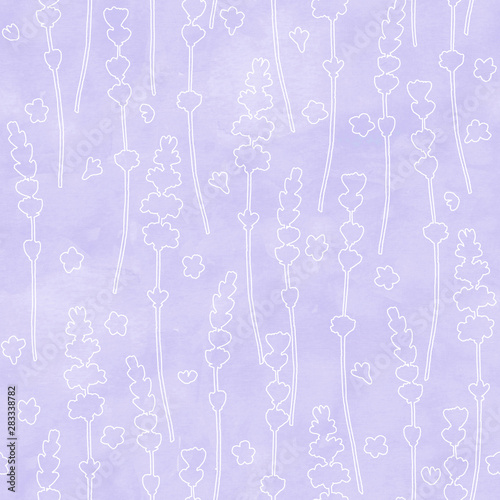 Lavender flowers white silhouettes seamless pattern on purple watercolor background.