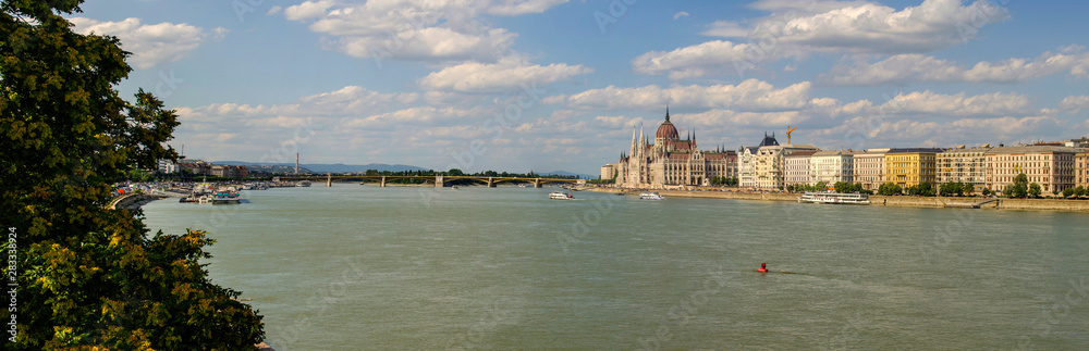 Panoramic view of the Pest side and Parliament building, Budapest, Hungary