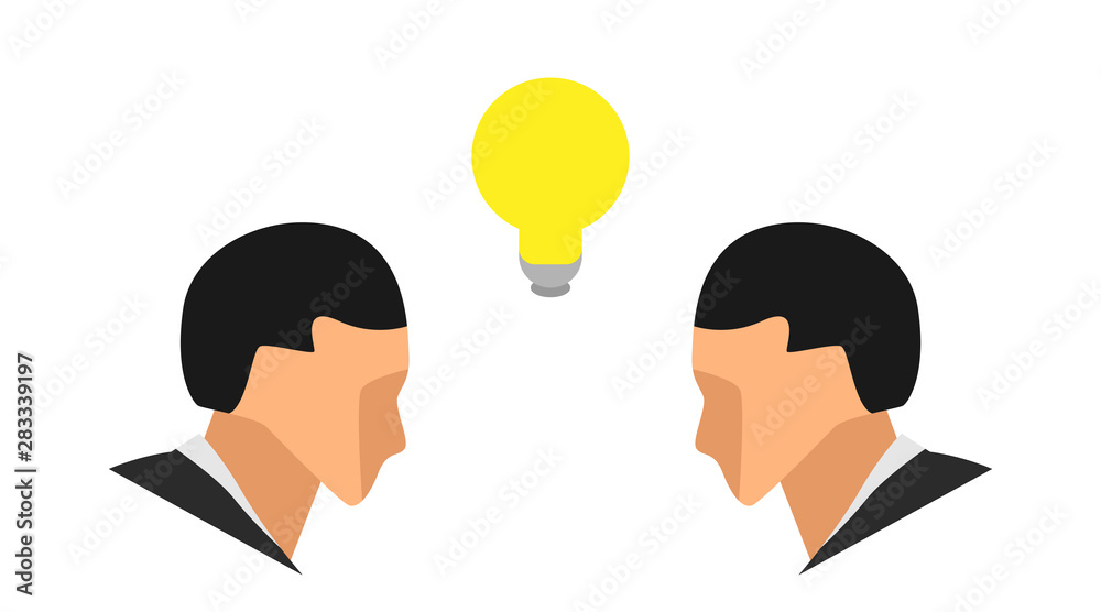 a lightbulb flashes yellow in the middle between two male portrait heads. illustrate the theme of the discussion and debate argument with a blank background. eps 10 vector file. a lightbulb flashes yellow in the middle between two male portrait heads. illustrate the theme of the discussion and debate argument with a blank background. eps 10 vector file.