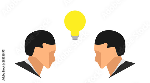 a lightbulb flashes yellow in the middle between two male portrait heads. illustrate the theme of the discussion and debate argument with a blank background. eps 10 vector file.