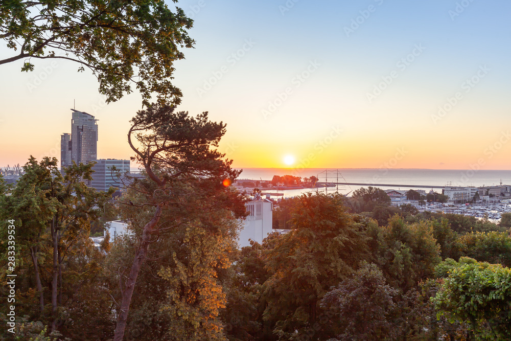 Gdynia aerial view, sunrise over Baltc Sea
