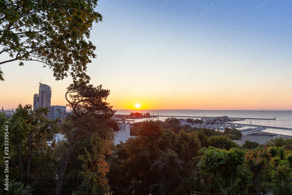 Gdynia aerial view, sunrise over Baltc Sea