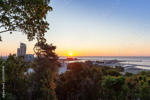 Obraz na płótnie Gdynia aerial view, sunrise over Baltc Sea w salonie