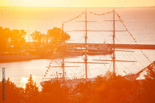 Gdynia aerial view, sunrise over Baltc Sea photo