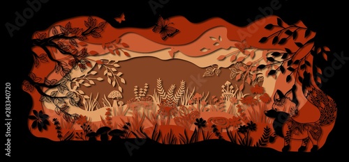 Template fox on glade for to cut with a laser from paper. Line with mushrooms, grass, and butterflies, wood and flowers. For decoration and design. Template for laser cutting and Plotter. Vector illus