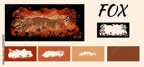 Template fox on glade for to cut with a laser from paper. Line with mushrooms, grass, and butterflies, wood and flowers. For decoration and design. Template for laser cutting and Plotter. Vector illus