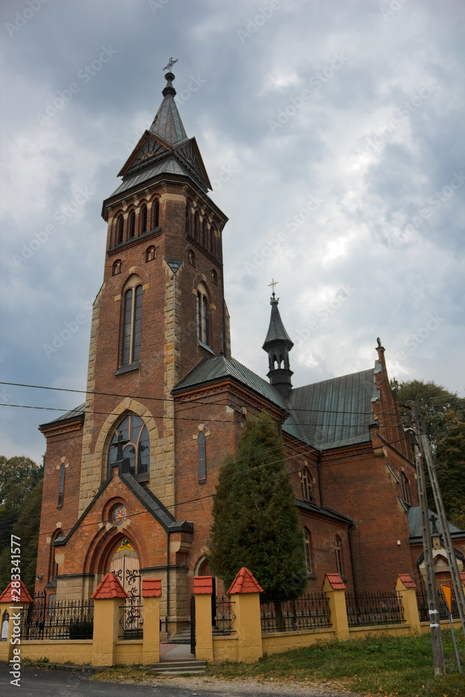 Neo-Gothic Church of St. Michael the Archangel. Zeleznikowa Wielka, Nawojowa. Poland.