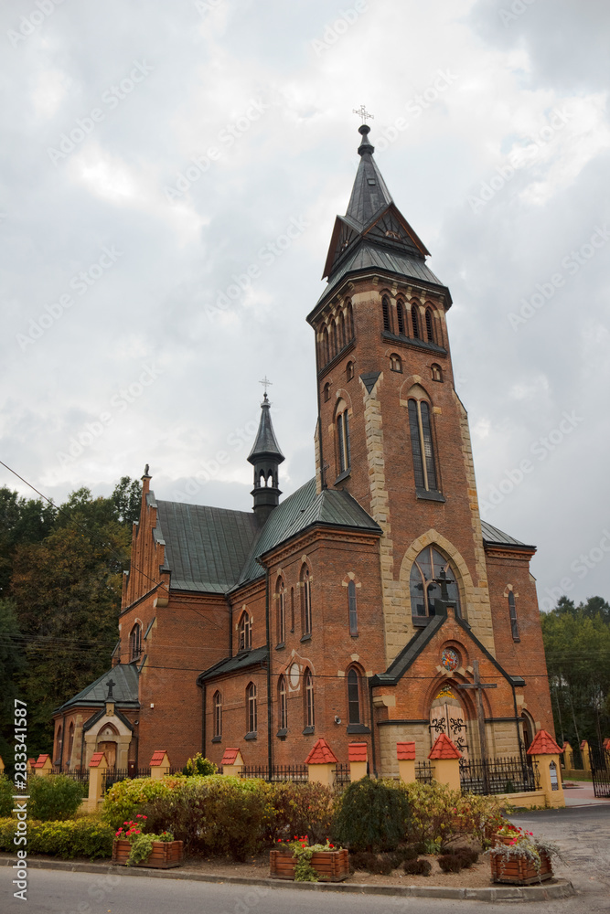 Neo-Gothic Church of St. Michael the Archangel. Zeleznikowa Wielka, Nawojowa. Poland.