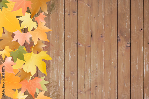 Wooden table, autumn leaf background, texture photo