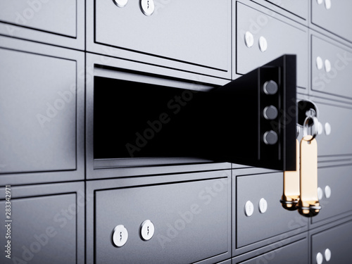 Deposit box opened with key and golden label