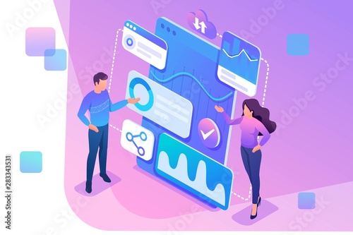 Isometric concept Young entrepreneurs review reports and analyze data. Concept for web design
