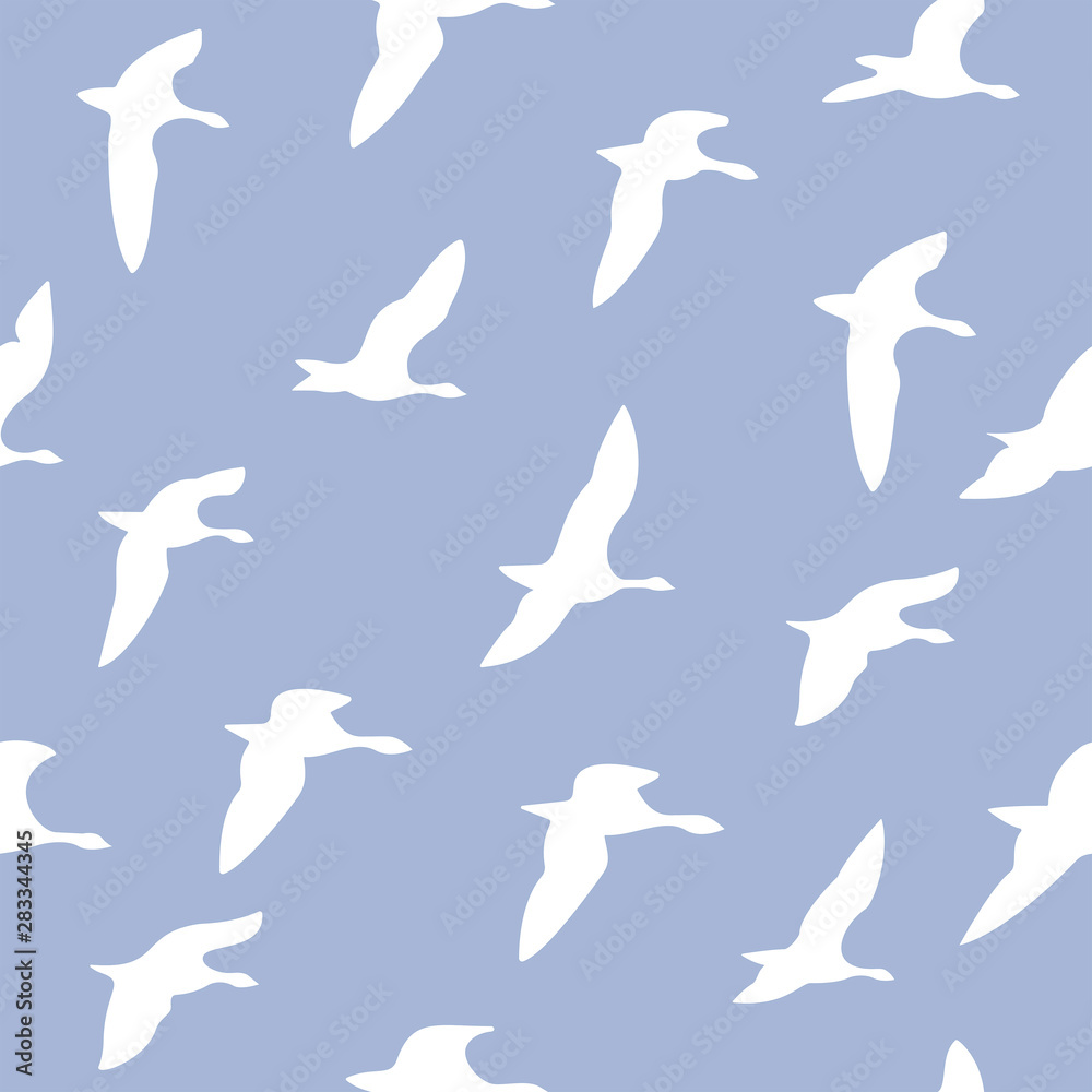 The seamless pattern with white silhouettes of flying birds is on blue background. The seamless pattern with white silhouettes of flying birds is on blue background.