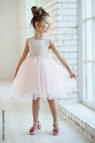 Little fashionable girl in a beautiful dress. 