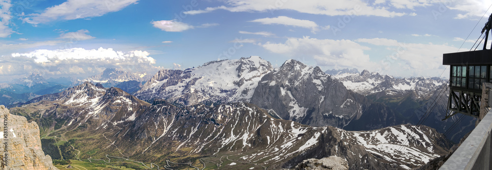 Fototapeta premium Mountain view from the Maria refuge located on the Pordoi Pass, Trentino alto Adige - Italy