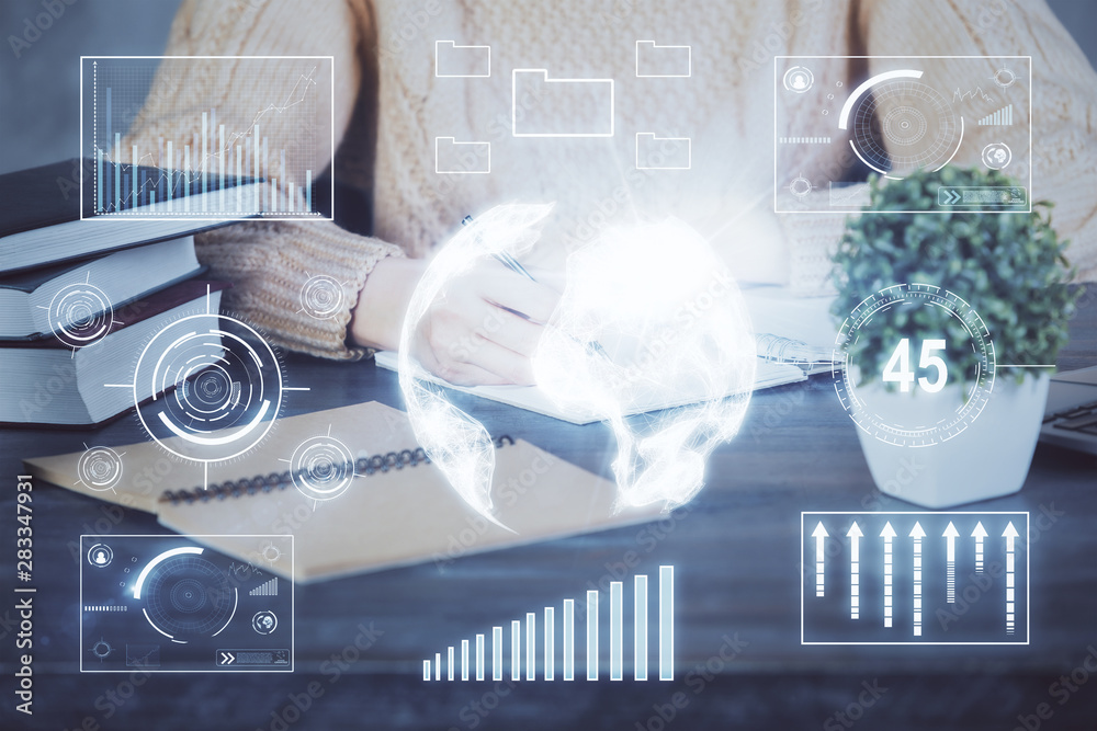 Forex graph on hand taking notes background. Concept of research. Double exposure Forex graph on hand taking notes background. Concept of research. Double exposure
