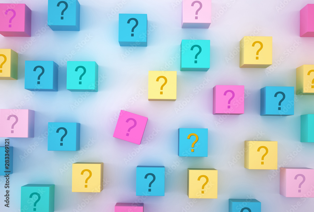 The colorful cube block shape with sign question mark symbol on white background. Question minimal concept. The colorful cube block shape with sign question mark symbol on white background. Question minimal concept.