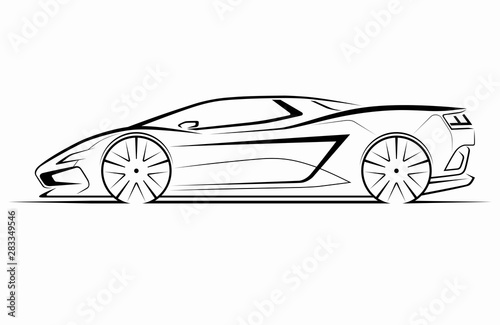 Hand drawn modern sports car silhouette. Side view of supercar. Can be used as a part of an emblem, label, icon, logo. Vector illustration