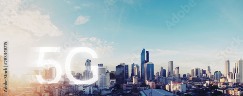 5G wireless internet network in the city. Panoramic Bangkok city with 5G internet networking