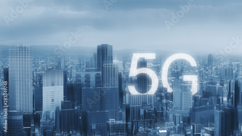 5G wireless internet technology in the city. Panoramic city skyline