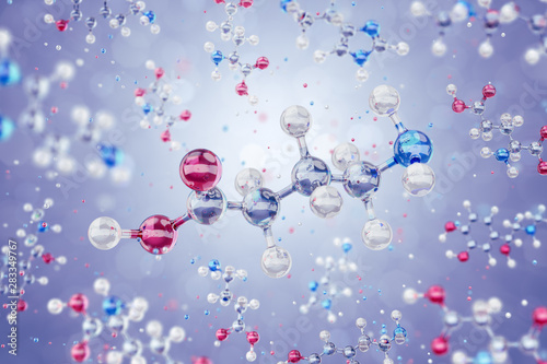 GABA Molecule. 3D model of a neurotransmitter Gamma-Aminobutyric Acid represented in form of a schematic molecular structure levitating among of other organic substances. 3D rendering graphics.