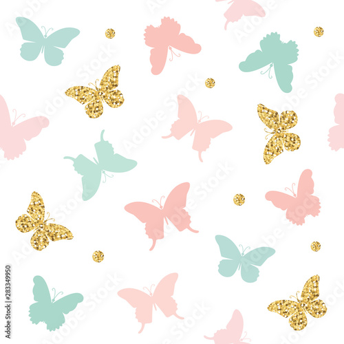 Glitter, pastel pink and blue butterflies seamless pattern background. Vector © cutelittlethings