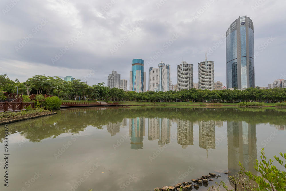 view of river and city Evergreen Park,  Haikou, Hainan, China 