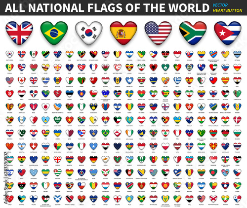 All national flags of the world . Heart button design . Vector .