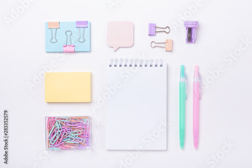 School supplies in pastel color Back to school concept Flat lay Top view