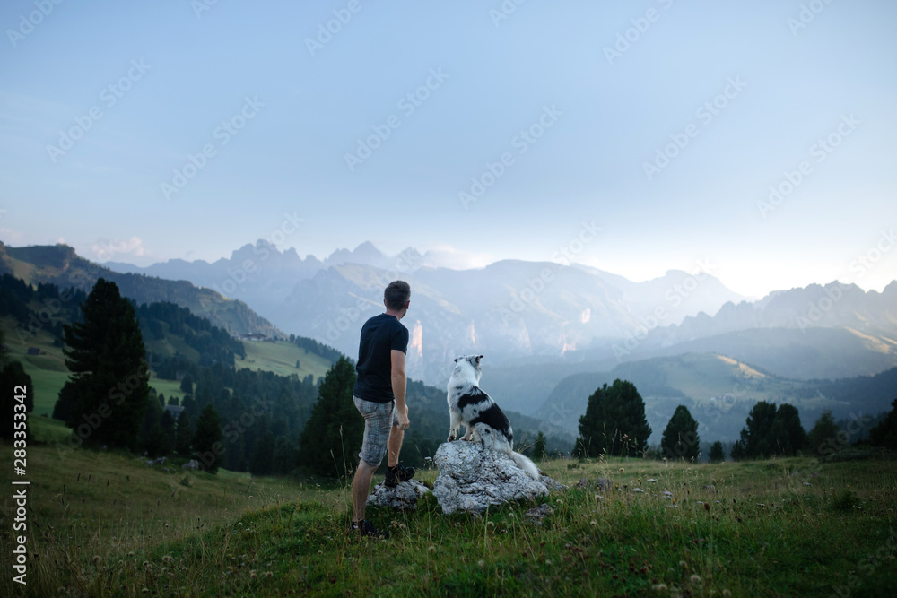 dog with a man in the mountains at sunrise. travel with a pet.