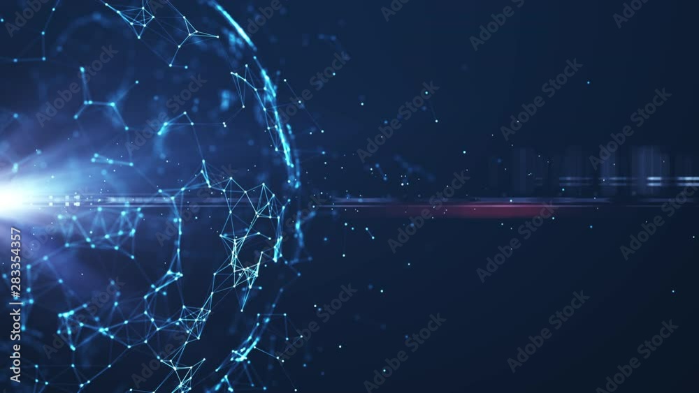 Abstract sphere from connected plexus. Geometric background with moving lines, dots and triangles.Science and technology background. Depth of field settings. Computer generated.