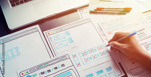 Obraz na płótnie Website designer Creative planning application developer development draft sketch drawing template layout prototype framework wireframe design studio . User experience concept .