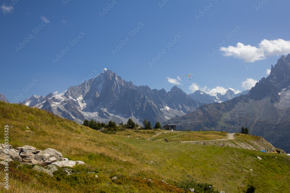 View on valley mountain range in alps 