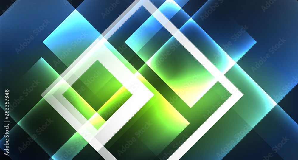 Neon glowing techno square rectangle lines, blue hi-tech futuristic abstract background Neon glowing techno square rectangle lines, blue hi-tech futuristic abstract background