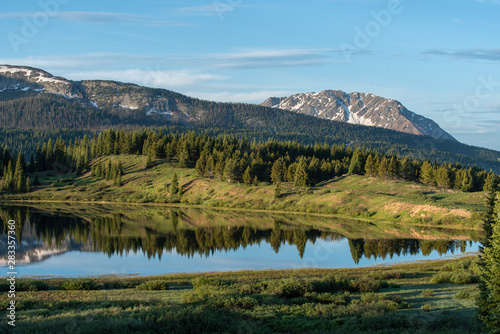 Colorado landscape of a lake with tree relections and mountains