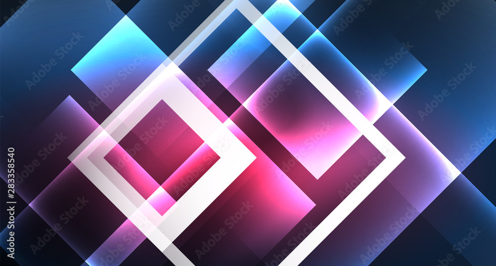 Neon glowing techno square rectangle lines, blue hi-tech futuristic abstract background Neon glowing techno square rectangle lines, blue hi-tech futuristic abstract background