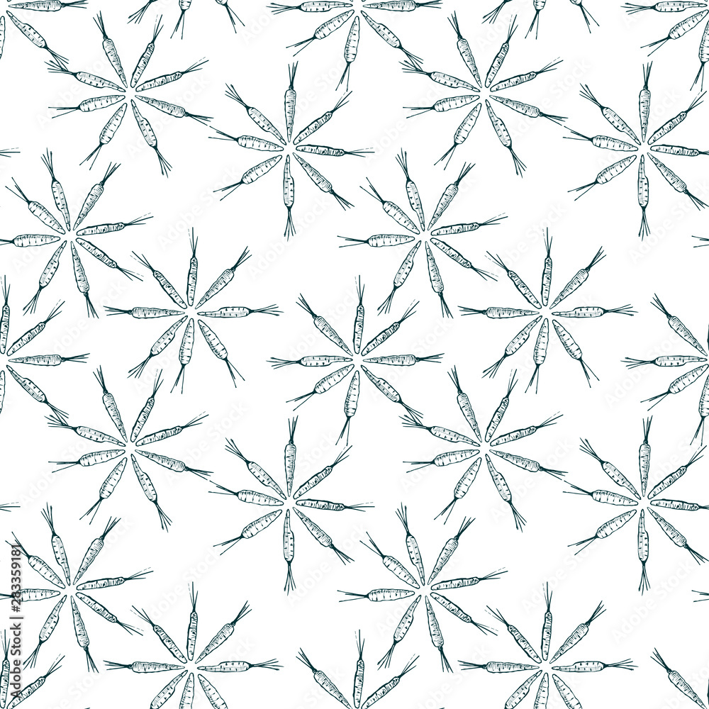 Flower shaped carrot seamless pattern. Vector graphics. Black contour Flower shaped carrot seamless pattern. Vector graphics. Black contour