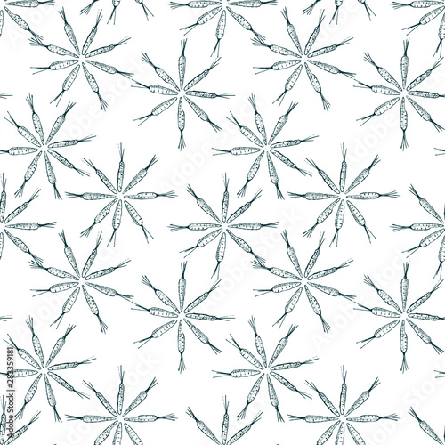 Flower shaped carrot seamless pattern. Vector graphics. Black contour