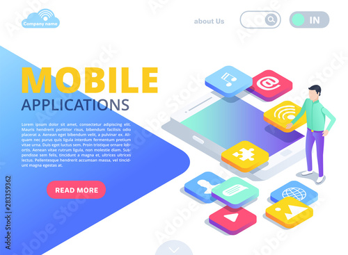 isometric vector image in the form of a landing on a white background, a man stands near a smartphone and square icons for applications, downloading mobile software over the Internet
