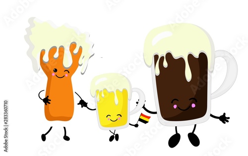 family of three beers. light, dark and not crafting. White background with german flag. characters with eyes, legs and a snoop.